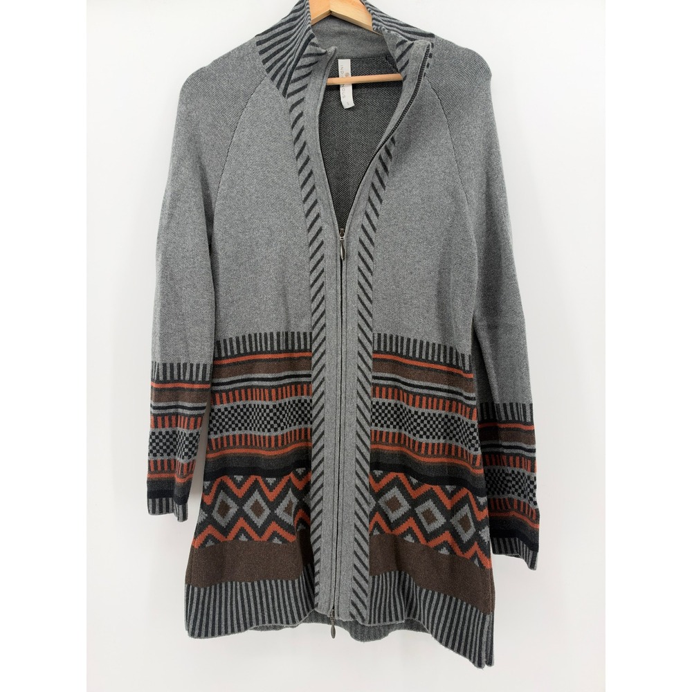 Indigenous Organic Cotton Knit Full Zip Sweater Jacket Geometric Gray Orange S